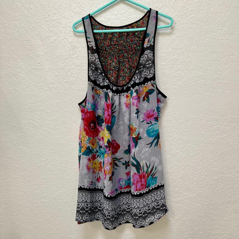 Mixed Floral Lace Print Sleeveless Boho Tunic Multi Color Reversible Coverup